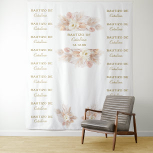 White Floral Pampas Step & Repeat Bautizo Backdrop Tapestry