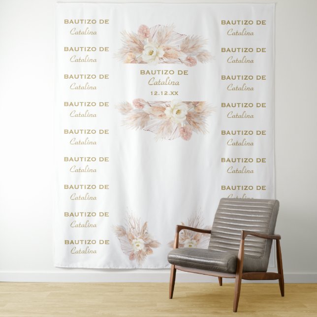 White Floral Pampas Step & Repeat Bautizo Backdrop Tapestry (In Situ)