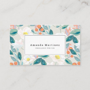 White Floral Pattern Light Beige Business Card