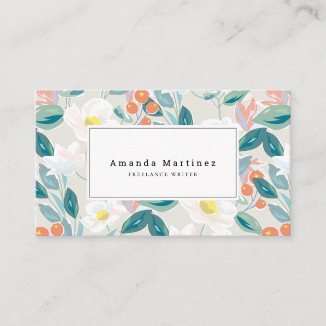 White Floral Pattern Light Beige Business Card (Front)