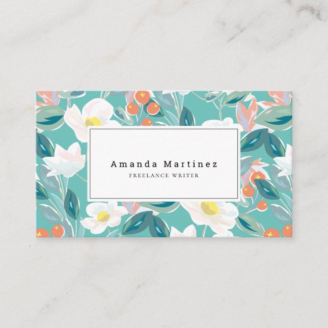 White Floral Pattern Light Teal Business Card (Front)