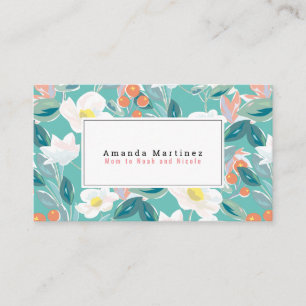 White Floral Pattern Light Teal Mummy Business Card