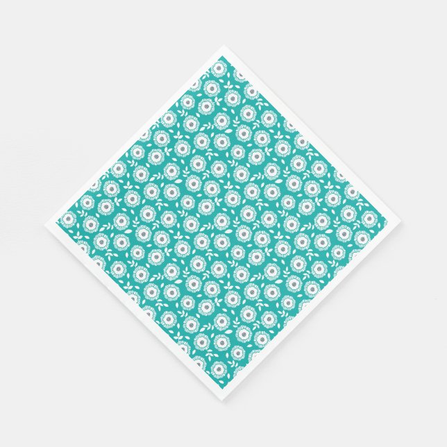 White floral pattern on turquoise background napkin (Corner)