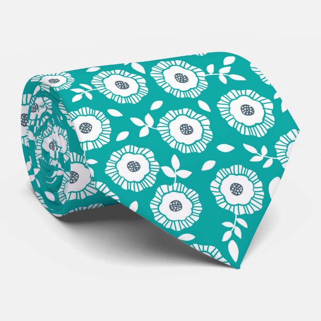 White floral pattern on turquoise background tie (Rolled)