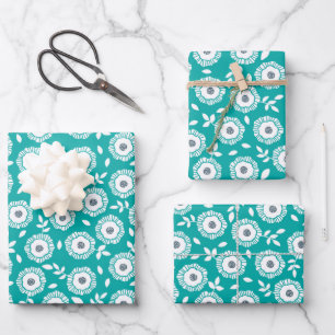 White floral pattern on turquoise background wrapping paper sheet