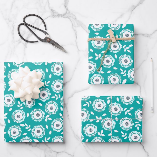 White floral pattern on turquoise background wrapping paper sheet (Front)
