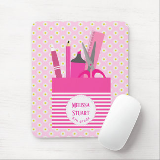 White Floral Pattern Pink Girly Stationeries Mouse Mat