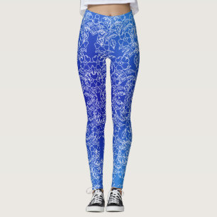 White Floral pattern print on Blue Leggings
