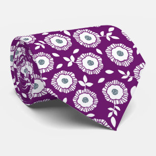 White floral pattern purple background tie