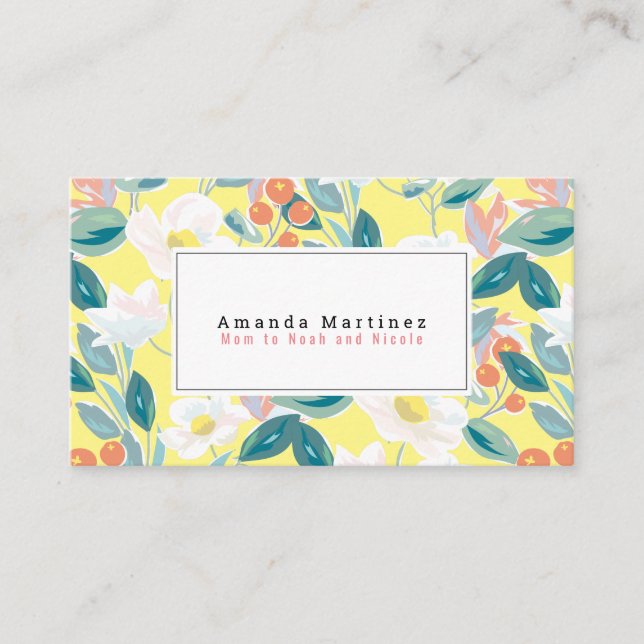 White Floral Pattern Yellow Mummy Business Card (Front)