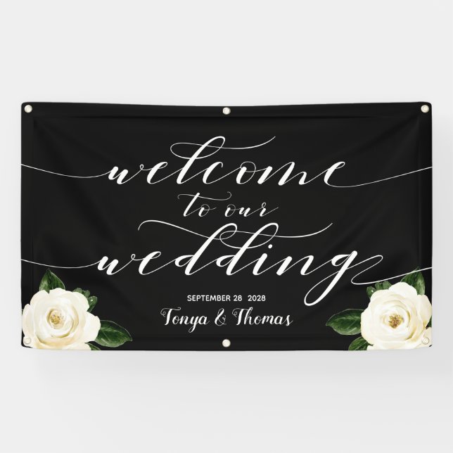 White Floral Peony Calligraphy Welcome Our Wedding Banner (Horizontal)