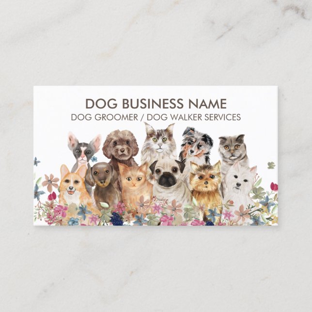 White Floral Pet Dog Cat Family Sitting Business Card (Front)