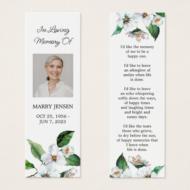 White Floral Photo Funeral Memorial Bookmark (Front & Back)