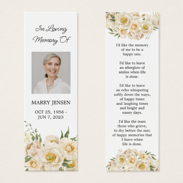 White Floral Photo Funeral Memorial Bookmark (Front & Back)