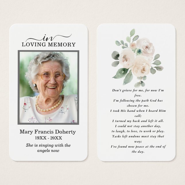 White Floral Photo Sympathy Funeral Prayer Card (Front & Back)