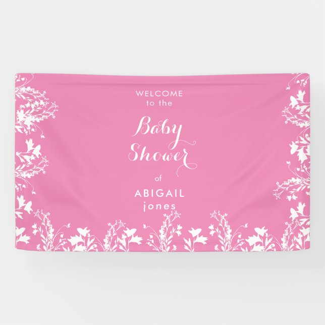 White Floral Pink Baby Shower Welcome  Banner (Horizontal)