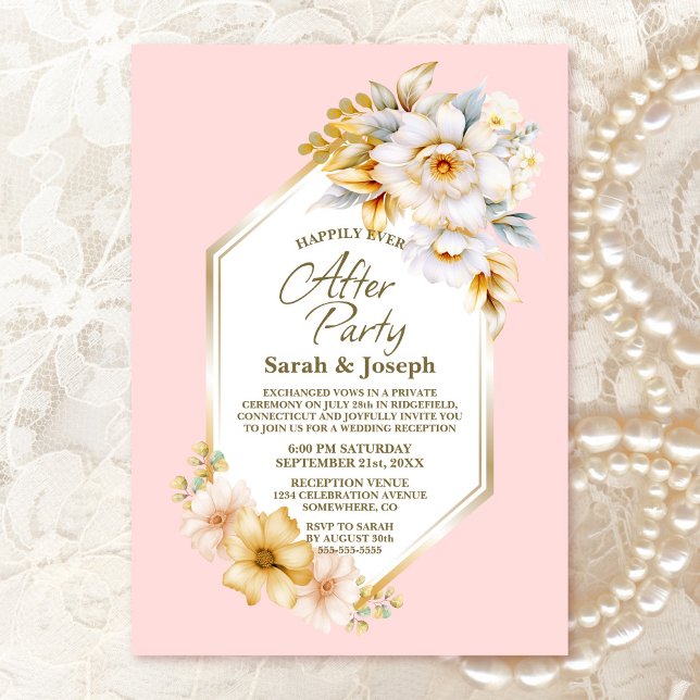 White Floral Pink Geometric Wedding After Party Invitation (Creator Uploaded)