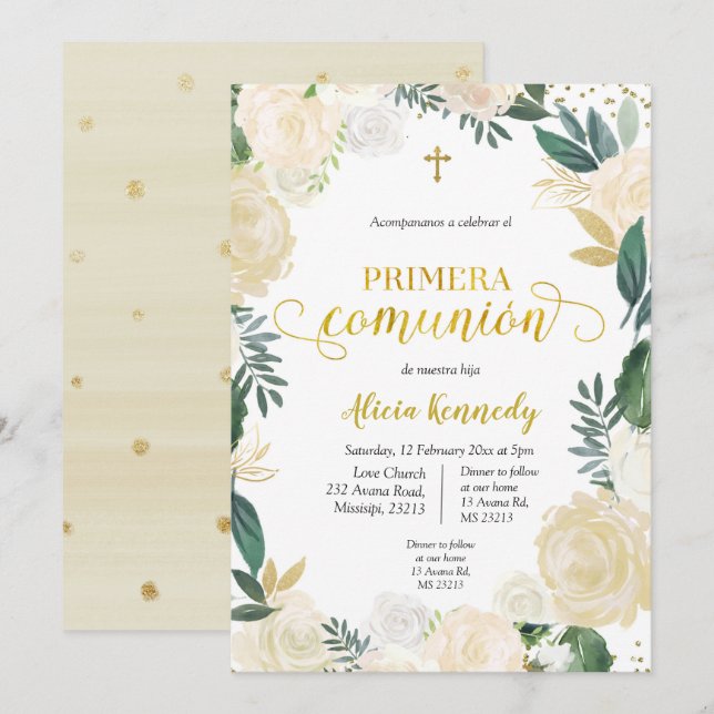 White Floral Primera Comunión Invitacion Invitati Invitation (Front/Back)