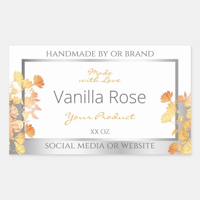 White Floral Product Packaging Label Orange Silver (Front)