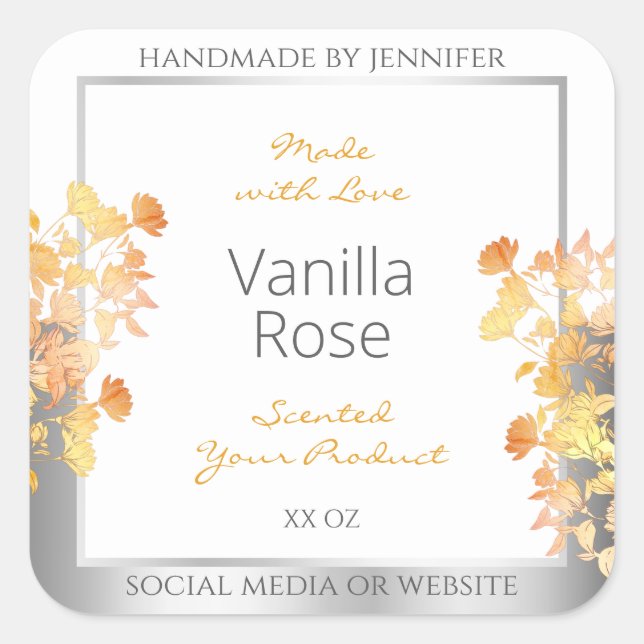 White Floral Product Packaging Label Orange Silver (Front)