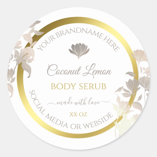 White Floral Product Packaging Labels Gold Frame (Front)