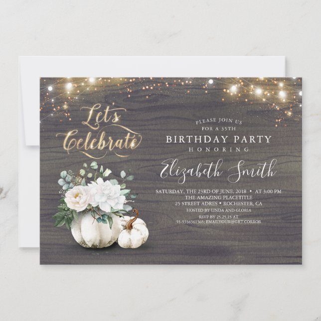 White Floral Pumpkin Rustic Fall Birthday Party In Invitation (Front)