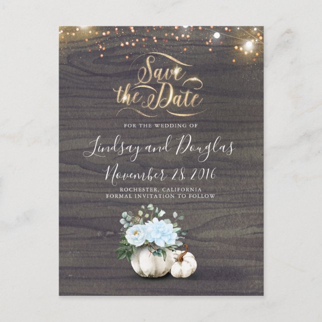White Floral Pumpkin Rustic Fall Save the Date Ann Announcement Postcard (Front)