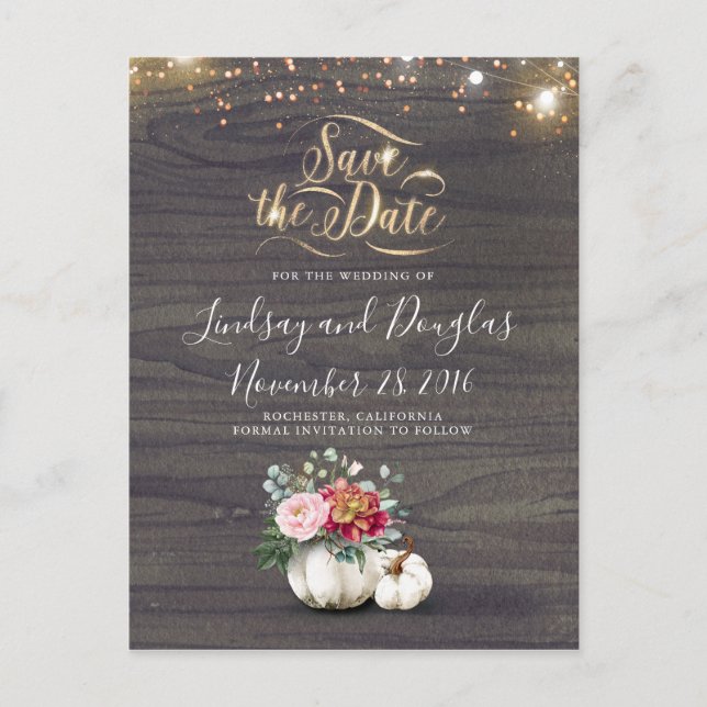 White Floral Pumpkin Rustic Fall Save the Date Ann Announcement Postcard (Front)