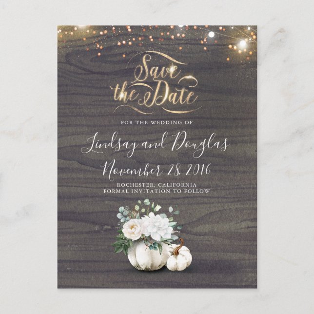 White Floral Pumpkin Rustic Fall Save the Date Announcement Postcard (Front)