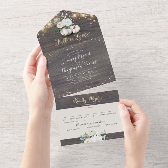White Floral Pumpkin Rustic Fall Wedding All In One Invitation (Tearaway)
