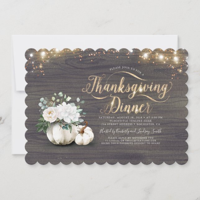 White Floral Pumpkin Rustic Thanksgiving Dinner Invitation (Front)
