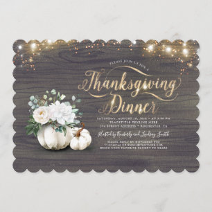 White Floral Pumpkin Rustic Thanksgiving Dinner Invitation