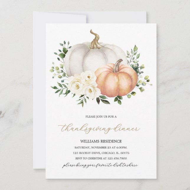 White Floral Pumpkin Thanksgiving Dinner Invitation (Front)