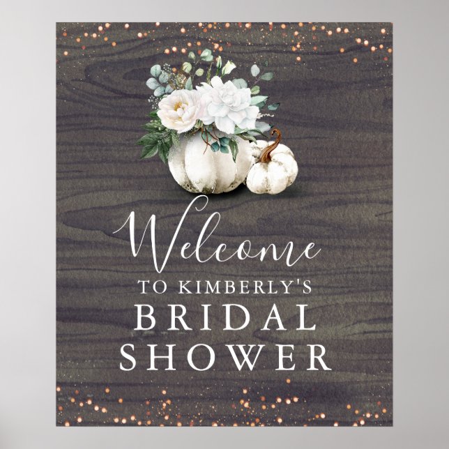 White Floral Pumpkins Rustic Bridal Shower Welcome Poster (Front)