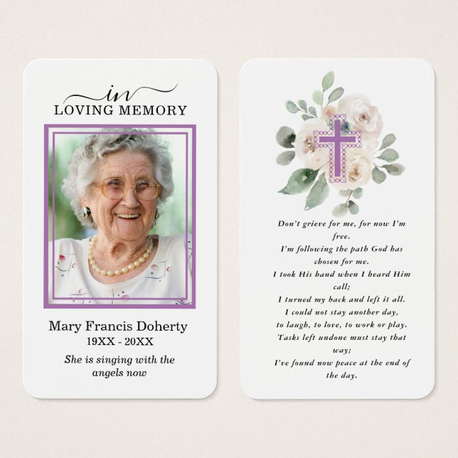 White Floral Purple Photo Funeral Prayer Card (Front & Back)
