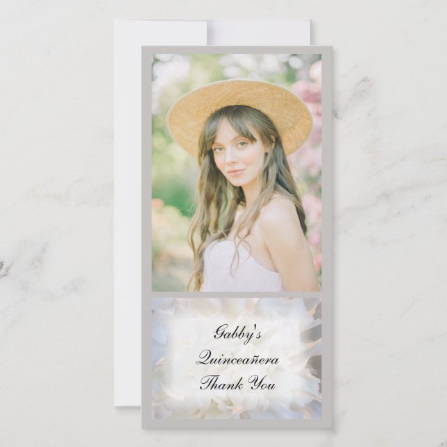 White Floral Quinceañera Thank You Photo Card (Front)