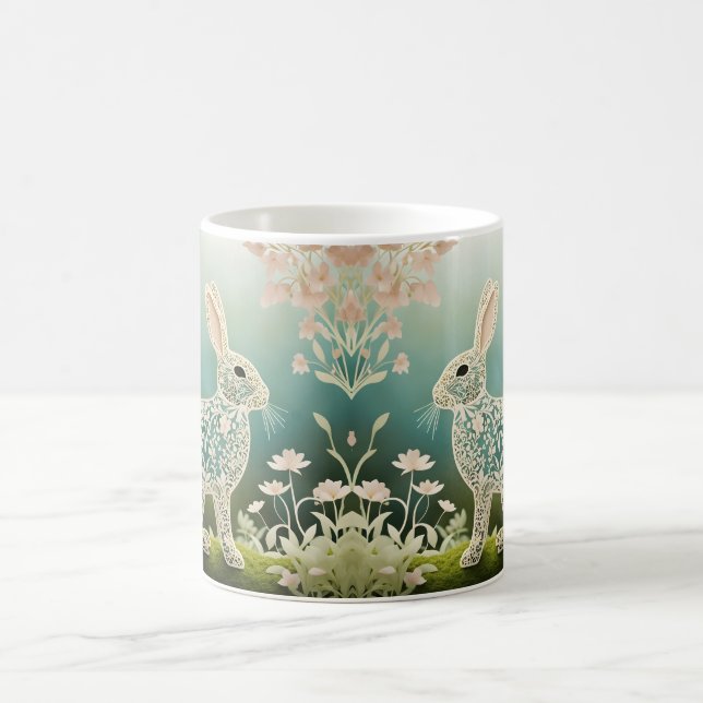 White Floral Rabbit Spring Art  Coffee Mug (Center)