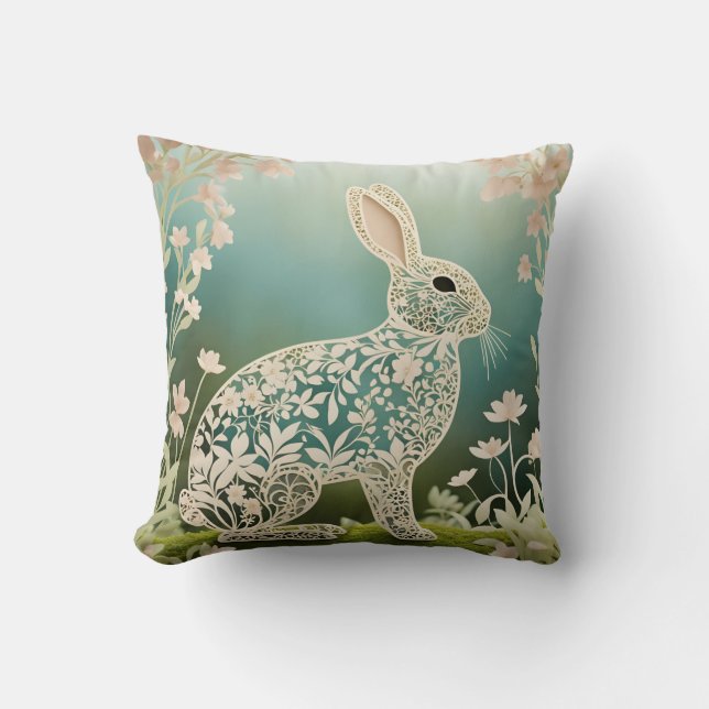 White Floral Rabbit Spring Art  Cushion (Front)