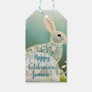 White Floral Rabbit Spring Art  Gift Tags