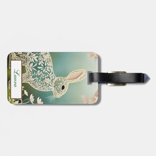 White Floral Rabbit Spring Art  Luggage Tag (Back Horizontal)