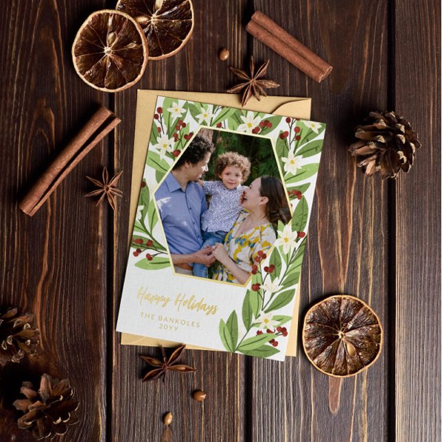 White Floral Red Berries Hexagon Happy Holidays Foil Holiday Card (Creator Uploaded)