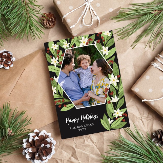 White Floral Red Berries Hexagon Happy Holidays Holiday Card (Creator Uploaded)