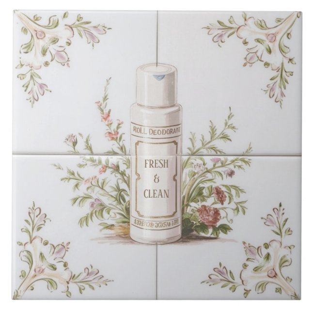 White Floral Roll on Deodorant Funny Bathroom Tile (Front)