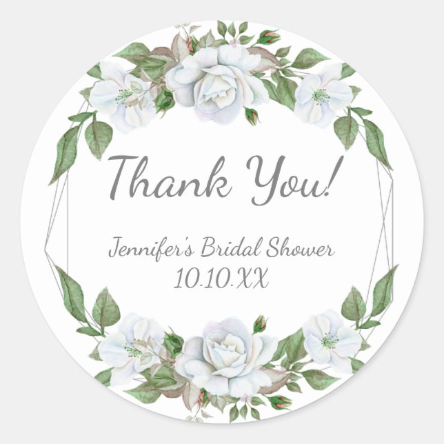 White Floral Rose Geometric Classic Round Sticker (Front)