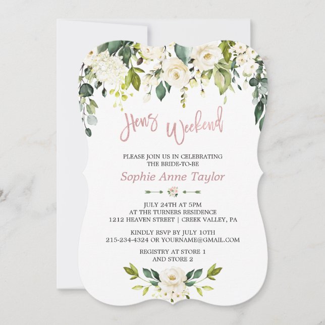 White Floral Rose Gold Bachelorette Weekend Party Invitation (Front)