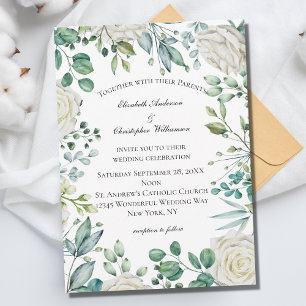 White Floral Roses Eucalyptus Botanical Wedding  Invitation
