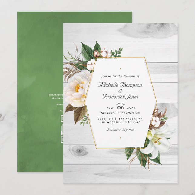 White Floral Rustic Barn Country QR Code Wedding Invitation (Front/Back)