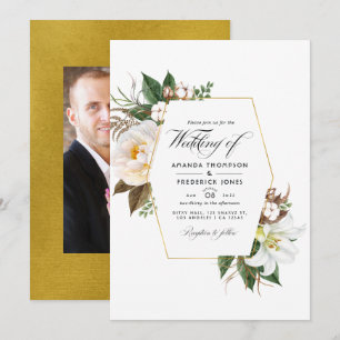 White Floral Rustic Barn Country Wedding Photo Invitation