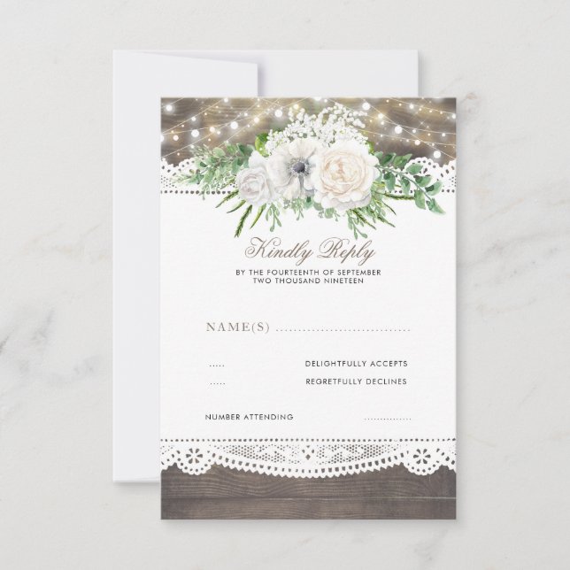 White Floral Rustic Chic Wedding RSVP Card (Front)