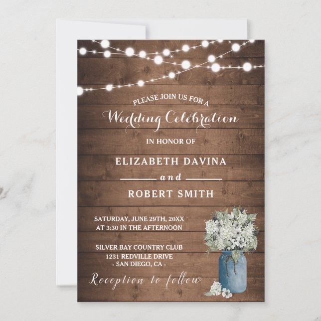White Floral Rustic Elegant Lights Wooden Invitation (Front)
